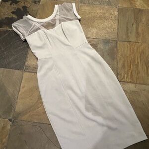 Maggy London Elegant light grey Dress. Fitted. Mesh top. Short sleeves. EUC!